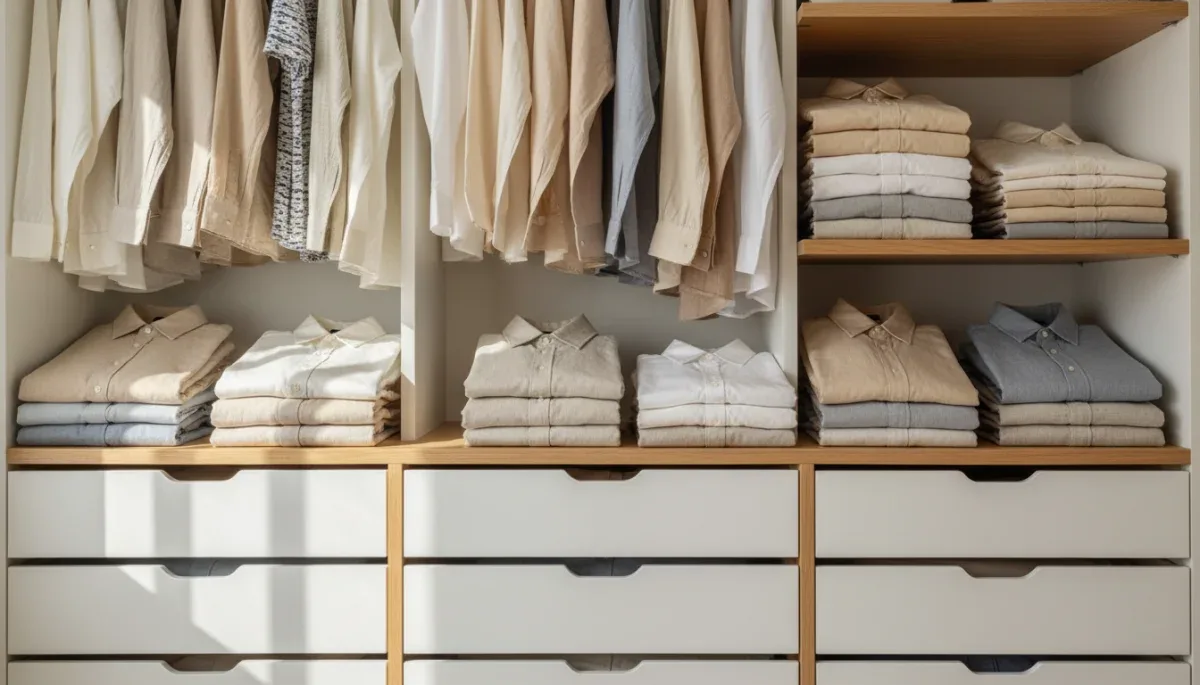 Camisas de lino y algodón dobladas en un armario ordenado