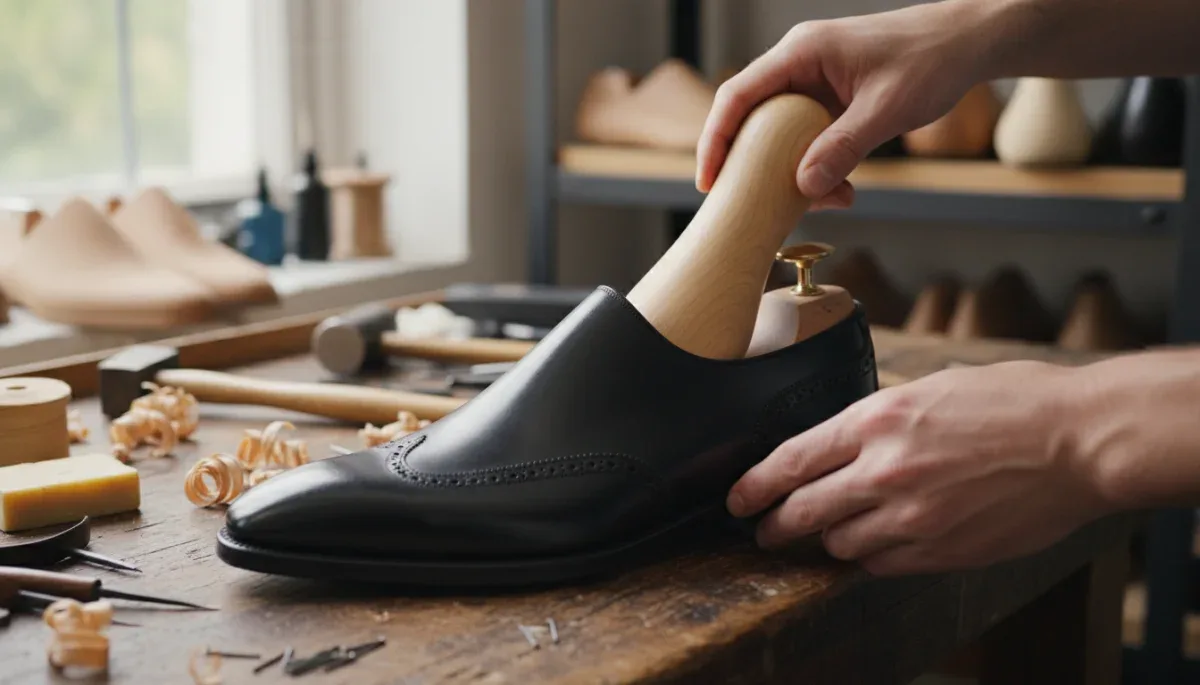 Horma de madera colocada dentro de un zapato de piel rígido para ensancharlo