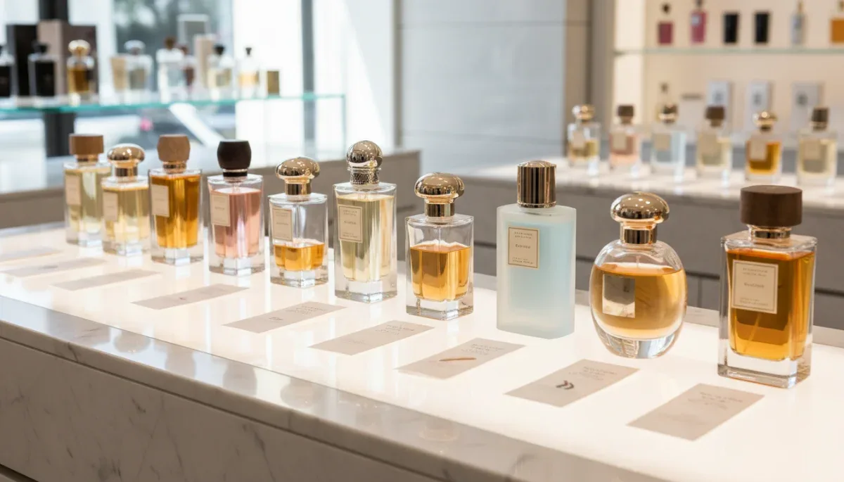 Frascos de perfume y tiras secantes en el mostrador de una perfumería
