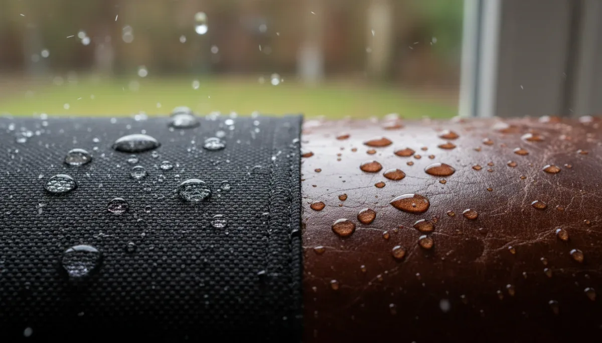 Efecto perlado del agua sobre tejido impermeable técnico y piel tratada