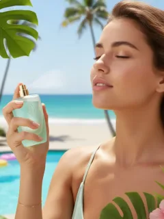 Mujer aplicando perfume fresco en un día soleado de verano en Estados Unidos, con una playa al fondo.