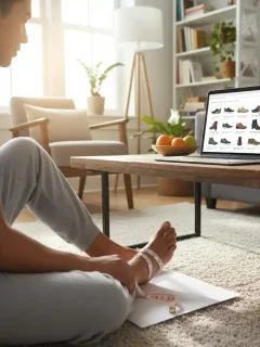 Mujer midiendo su pie para comprar calzado online, con un portátil de fondo.