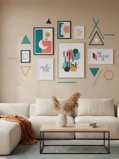 Pared de salón decorada con cuadros y vinilos de SHEIN