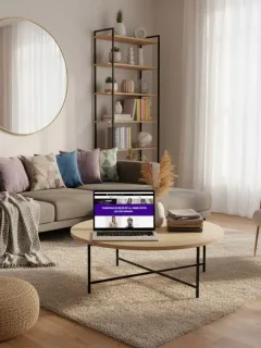 Salón moderno con decoración del hogar de SHEIN y cupón de descuento visible en una tableta.