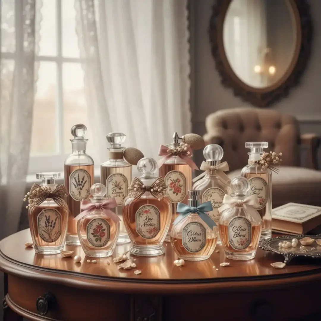 Colección de perfumes caseros terminados en botellas de vidrio elegantes.