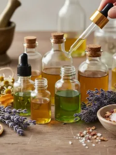 Ingredientes y herramientas para hacer perfume casero con aceites esenciales.