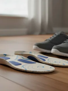 Plantillas ortopédicas personalizadas sobre una superficie de madera, junto a un calzado cómodo, que representan el alivio del dolor de pies.
