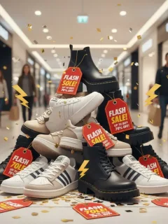 Zapatillas, tacones y botas de marca con etiquetas de descuento en una oferta flash.