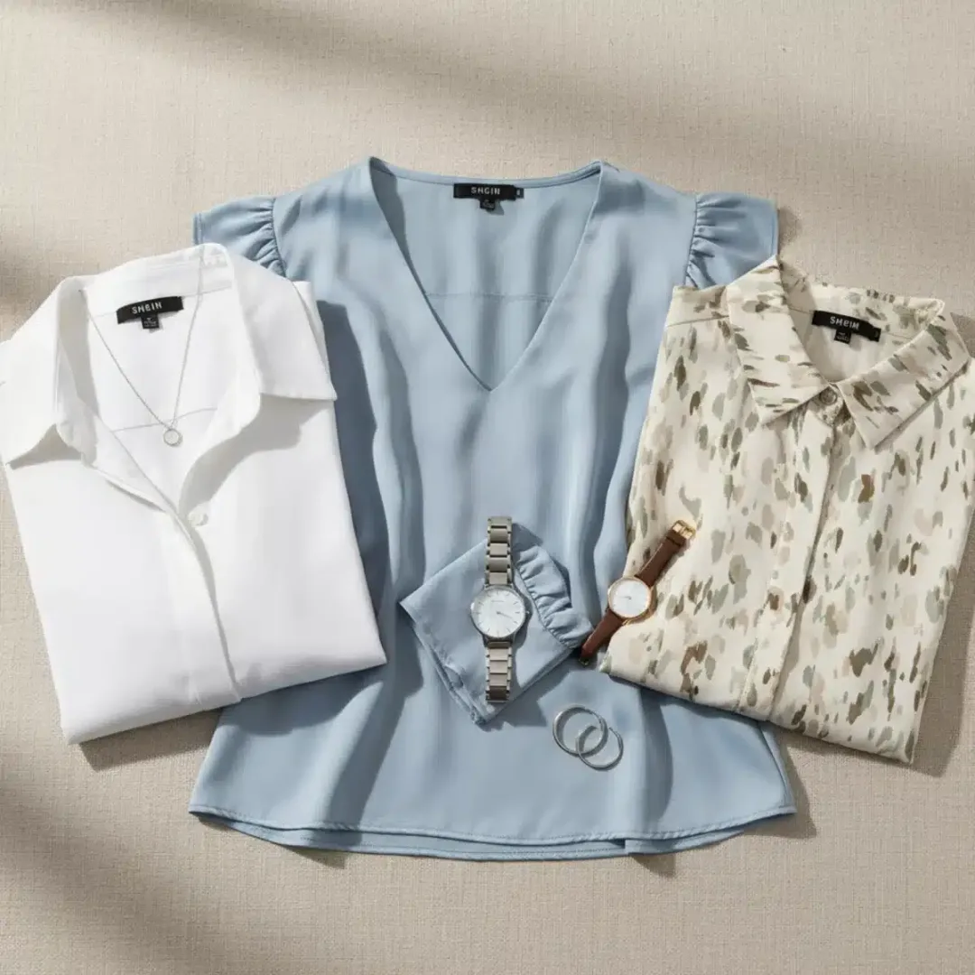 Varias blusas SHEIN para oficina en un flat lay con accesorios elegantes.