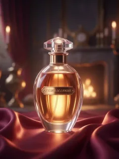 Elegante frasco de perfume con feromonas sobre una tela de seda, evocando misterio y atracción.