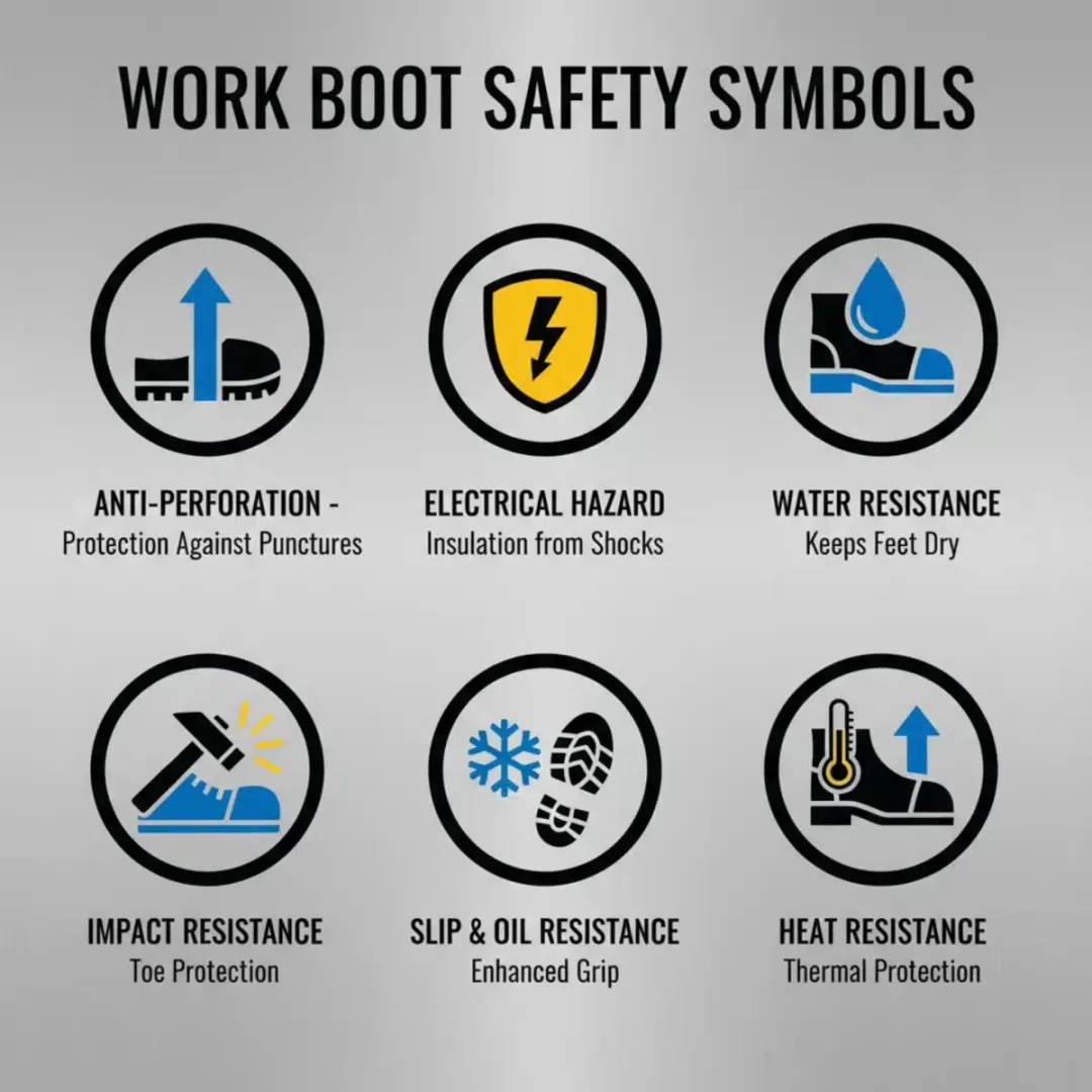 Infografía con símbolos de seguridad en botas de trabajo, explicando la protección contra perforaciones, riesgos eléctricos y resistencia al agua.
