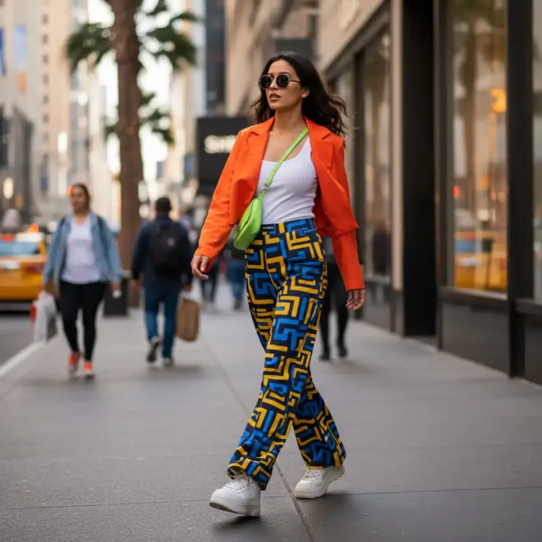 Mujer joven luciendo unos pantalones de moda de SHEIN en un entorno urbano de Estados Unidos.