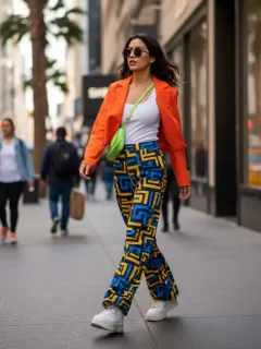 Mujer joven luciendo unos pantalones de moda de SHEIN en un entorno urbano de Estados Unidos.