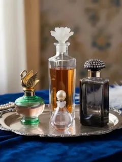 Varias botellas de perfumes clásicos y elegantes, destacando su diseño atemporal y sofisticación.