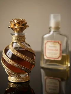 Frasco de perfume original y elegante junto a uno de imitación para comparación.