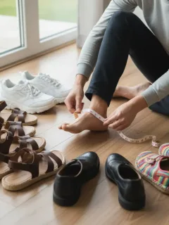 Persona midiendo su pie con una cinta métrica para elegir calzado ancho o estrecho.