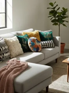Sofá moderno decorado con fundas de cojín de SHEIN de diferentes estilos y colores.