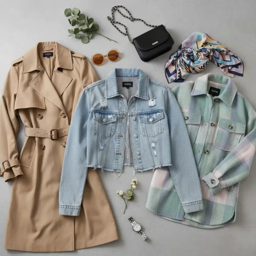Selección de chaquetas SHEIN para 2025, incluyendo denim recortada y gabardina, dispuestas con accesorios para mostrar versatilidad.