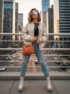 Mujer joven luciendo una chaqueta de cuero sintético oversized de SHEIN en un entorno urbano, mostrando un estilo moderno y actual.