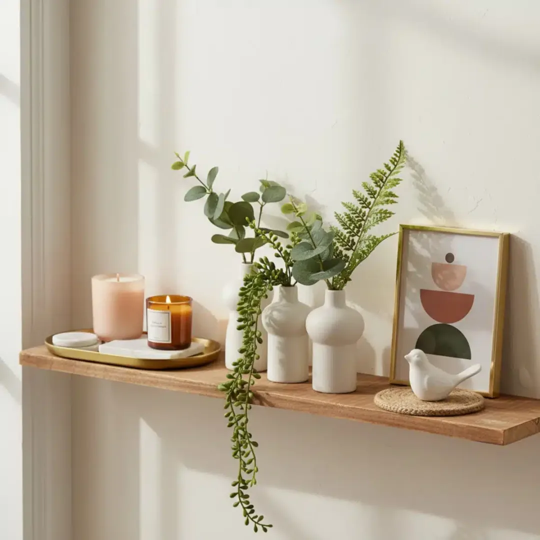 Detalles decorativos de SHEIN para el hogar: jarrones, plantas artificiales y velas.