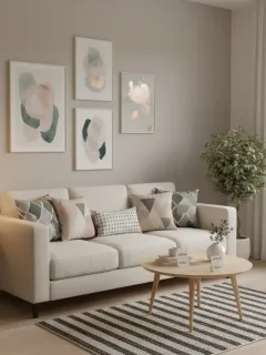 Salón moderno y acogedor con decoración de SHEIN, renovado con un presupuesto de 500€ en 2025.