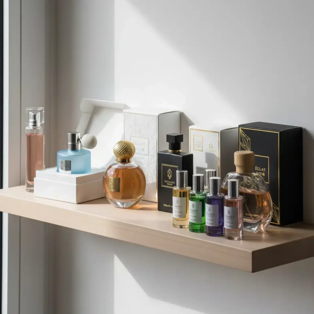 Variedad de frascos de perfume alternativos y sus cajas, dispuestos en una estantería minimalista.