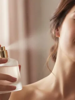 Mujer aplicando perfume en el cuello, destacando la elegancia en la rutina de belleza.