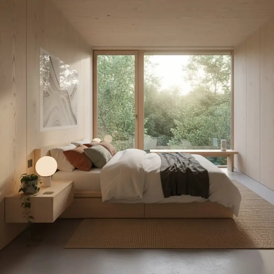 Dormitorio sereno con diseño minimalista, elementos de madera natural y textiles suaves.