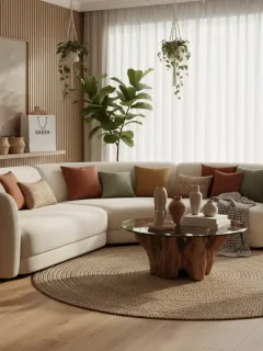 Salón moderno con tendencias de decoración 2025, muebles sostenibles y acentos personalizados.