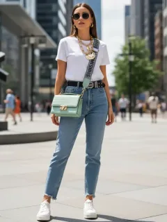 Mujer con outfit básico transformado por accesorios SHEIN