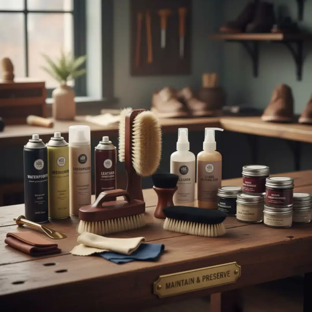 Productos de cuidado de calzado como sprays, cepillos y cremas, para prolongar su vida útil.