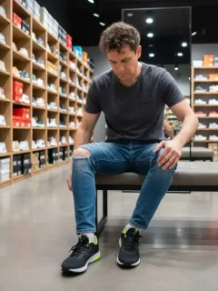 Persona probándose un zapato en una tienda, evaluando la comodidad y el ajuste.