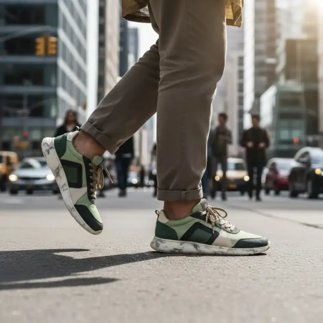 Persona caminando con zapatillas veganas modernas hechas de materiales reciclados en un entorno urbano.