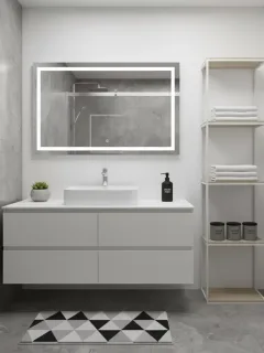 Baño moderno decorado con accesorios económicos de SHEIN, incluyendo toallas, dispensador de jabón y alfombra, creando un ambiente elegante y funcional.
