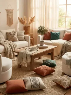 Salón acogedor decorado con cojines y mantas de SHEIN
