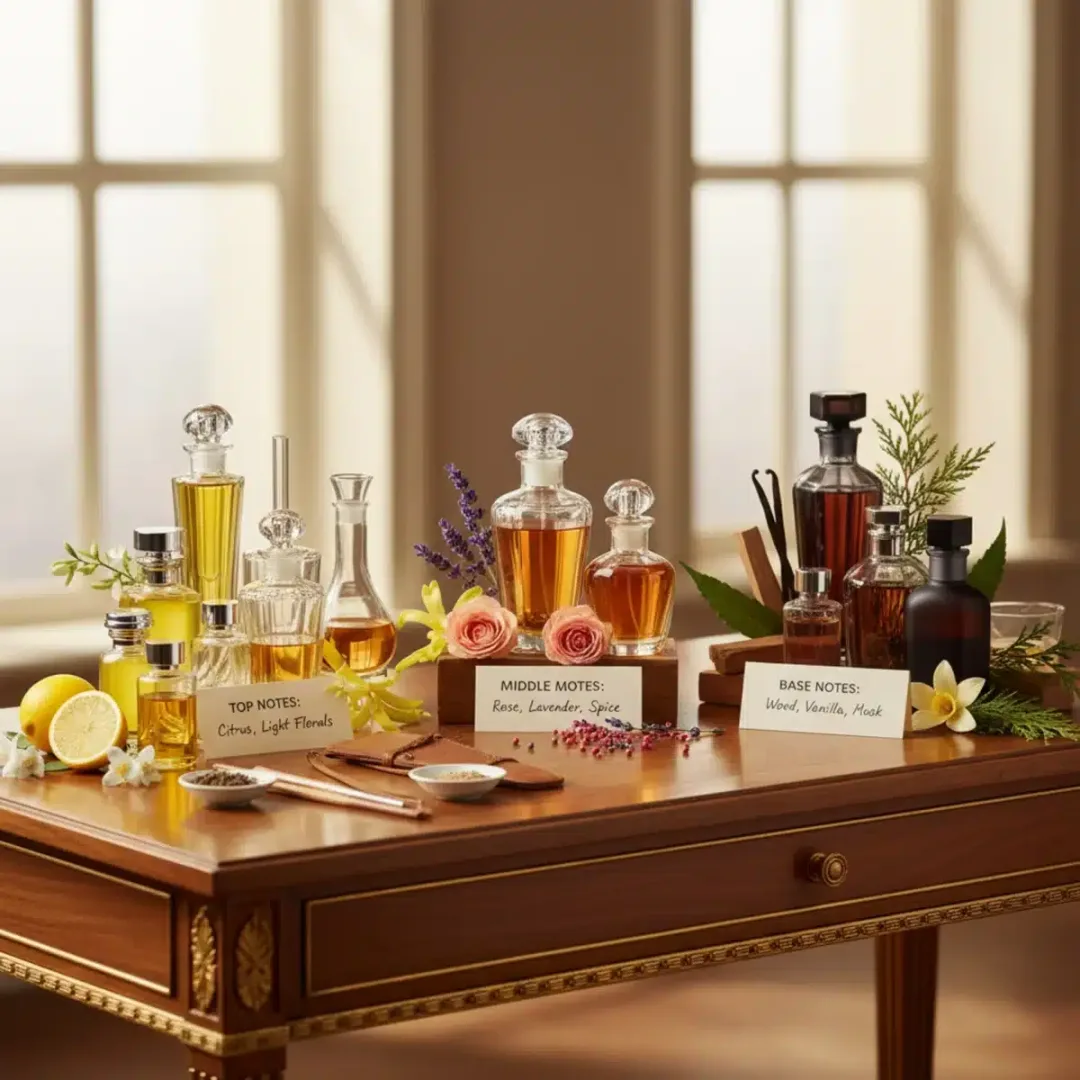 Una elegante composición de frascos de perfume y elementos botánicos, representando las notas olfativas.