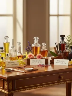 Una elegante composición de frascos de perfume y elementos botánicos, representando las notas olfativas.