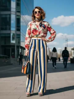 Mujer estilosa con outfit SHEIN vibrante, combinando estampados florales y de rayas en un entorno urbano.