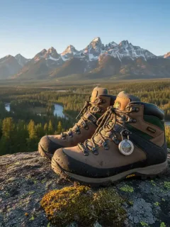 Botas de senderismo impermeables sobre una roca en un parque nacional de Estados Unidos.