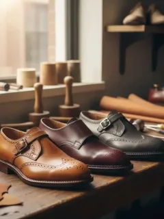 Variedad de zapatos de cuero artesanal hechos en Estados Unidos, mostrando detalles de costura y calidad.