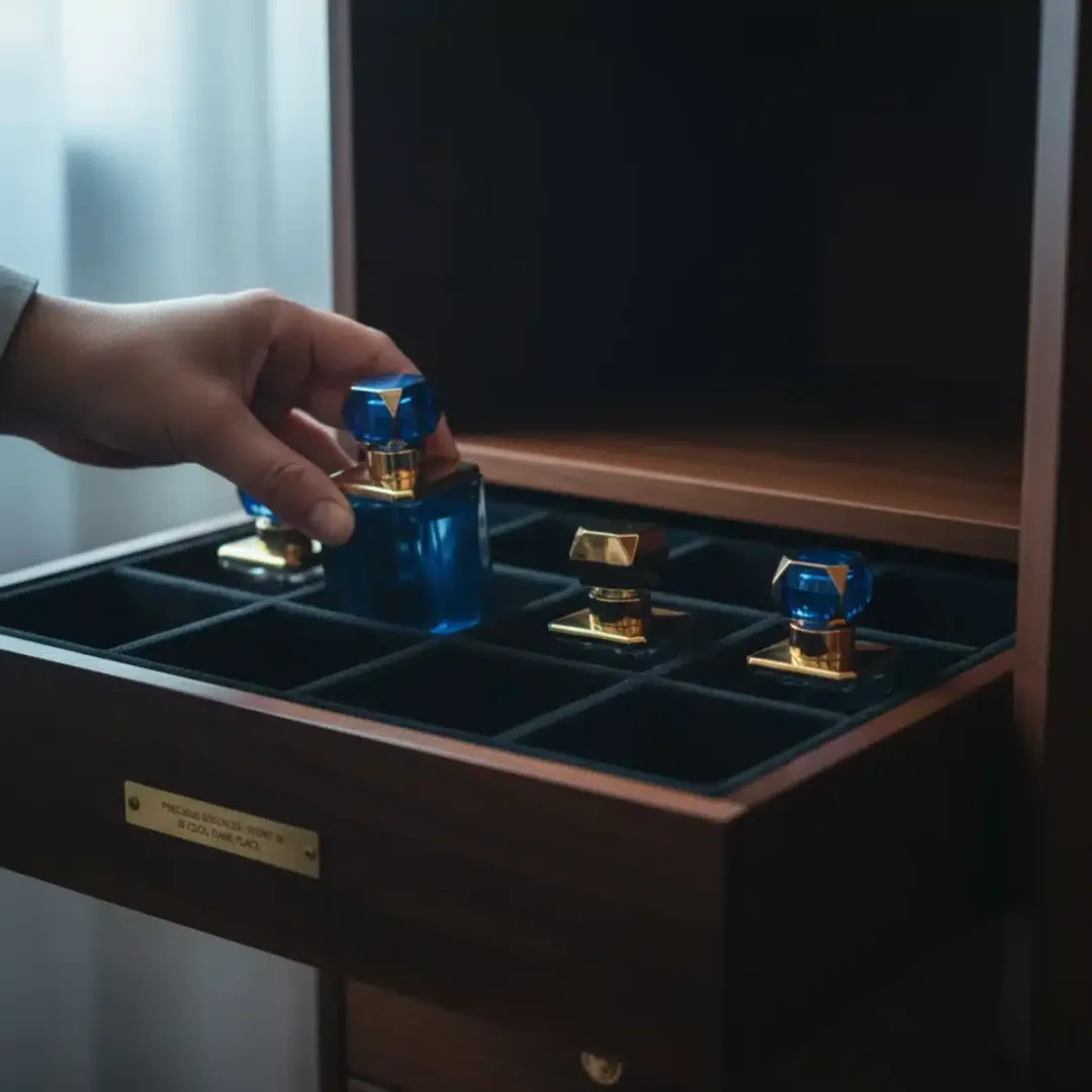 Mano colocando una botella de perfume dentro de un cajón oscuro y fresco, lejos de la luz solar directa, ilustrando el almacenamiento ideal.