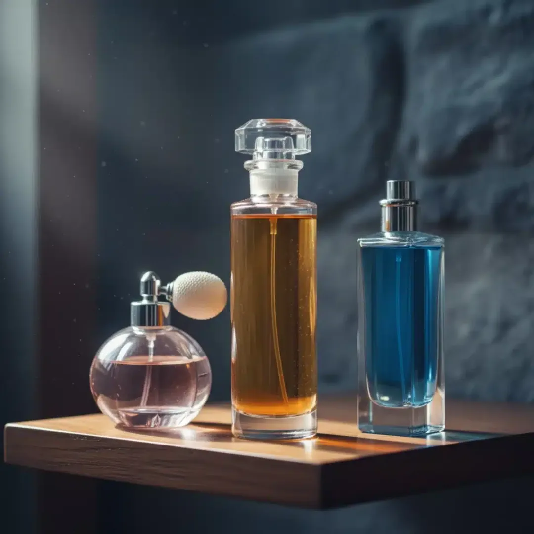 Varias botellas de perfume elegantemente dispuestas en un estante de madera, con luz natural suave, simbolizando el almacenamiento adecuado.