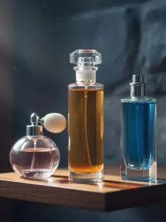Varias botellas de perfume elegantemente dispuestas en un estante de madera, con luz natural suave, simbolizando el almacenamiento adecuado.