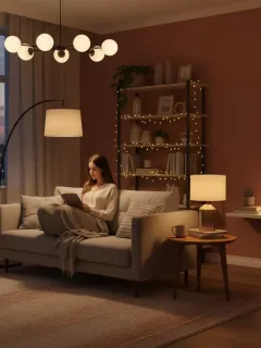 Salón acogedor iluminado con lámparas SHEIN económicas, creando un ambiente cálido y moderno para el hogar.
