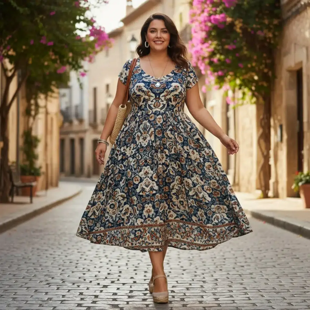 Mujer con cuerpo tipo pera vistiendo un vestido SHEIN de corte A, elegante y cómodo.