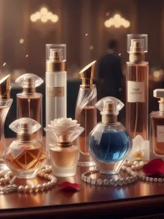 Elegantes frascos de perfume dispuestos para una ocasión especial, reflejando lujo y sofisticación.