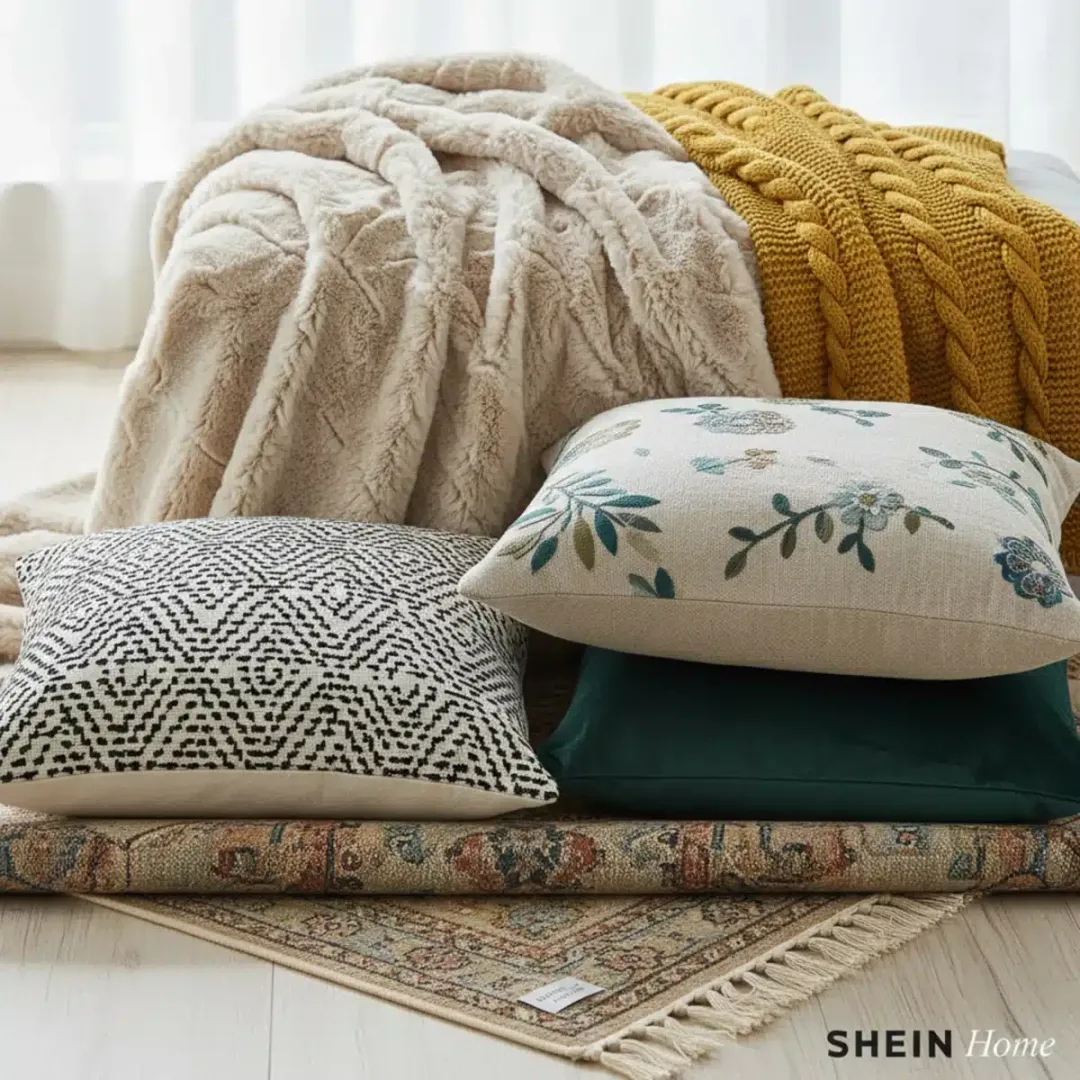 Detalle de texturas y patrones en textiles de hogar de SHEIN, incluyendo mantas suaves, fundas de cojín decorativas y alfombras elegantes.
