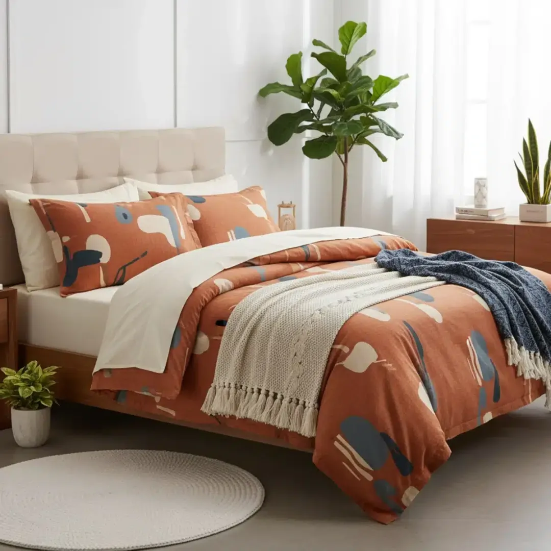 Dormitorio decorado con nuevos textiles de hogar de SHEIN, incluyendo juego de funda nórdica, almohadas y camino de cama, creando un ambiente armonioso.