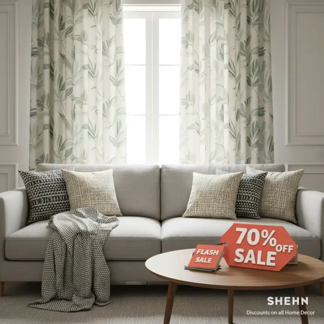 Salón acogedor con textiles de hogar modernos de SHEIN, destacando cojines, manta y cortinas, con descuentos de hasta el 60%.