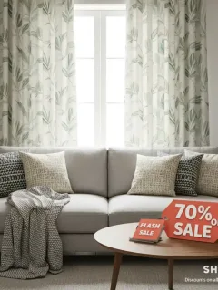Salón acogedor con textiles de hogar modernos de SHEIN, destacando cojines, manta y cortinas, con descuentos de hasta el 60%.
